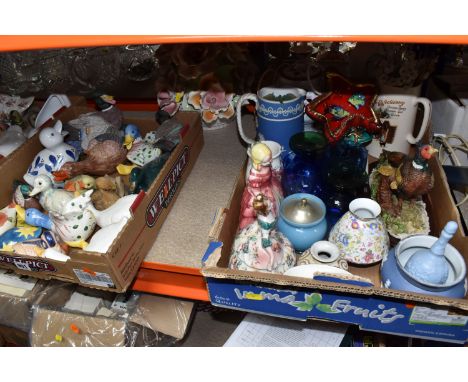 FIVE BOXES AND LOOSE DECORATIVE ITEMS to include two boxes comprising approximately twenty duck figures, four blue glass gobl