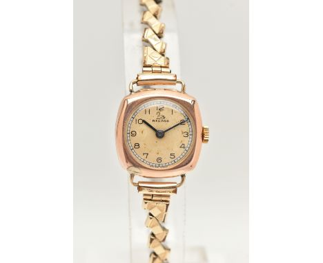 A LADIES 9CT GOLD WRISTWATCH, manual wind, round silvered dial signed 'Record', Arabic numerals, blue steel hands, within a p