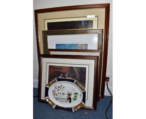 A VINTAGE CHARGER AND SIX FRAMED PRINTS to include four limited edition David Shepherd prints comprising 'But Teddy Doesn't N