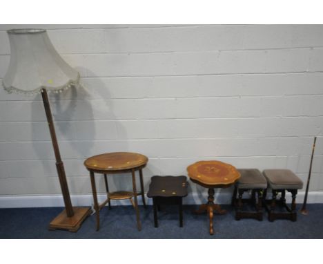 A SELECTION OF OCCASIONAL FURNITURE, to include a pair of stools, a copper horn, a magazine rack, a tripod table, a work tabl