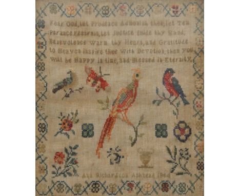 A 19th century needlework sampler by Ann Richardson Ashtead, 1864 together with another worked by Ellen Spurrett, Banbury, 18