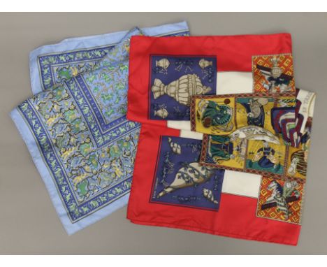 Two Hermes silk scarves. 87 cm square.