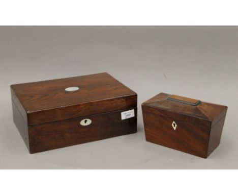 A 19th century mahogany tea caddy and a 19th century rosewood jewellery box. The former 19 cm long.