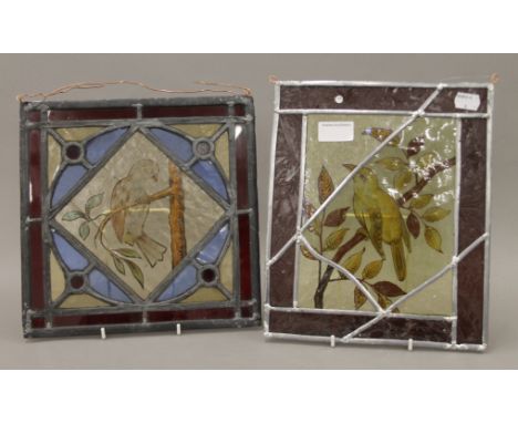 Two Victorian painted and stained lead glass panels. The largest 23 x 28 cm.