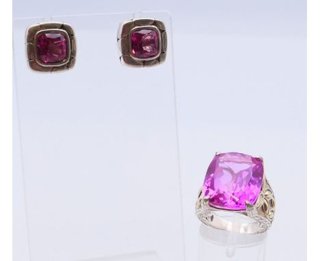 A silver and 18 ct gold mounted ring and a pair of silver earrings, each set with a pink stone, possibly kunzite. Ring size L
