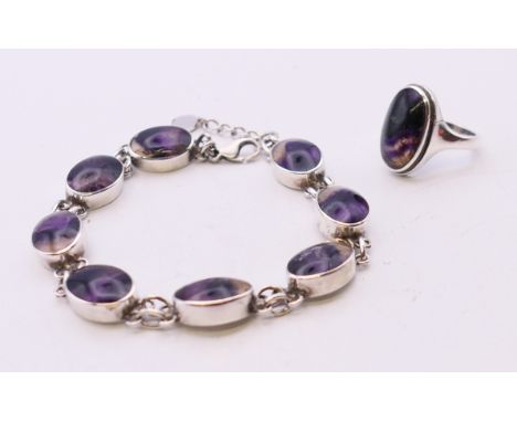 A silver and blue john bracelet and ring. Ring size L, bracelet 16 cm long.