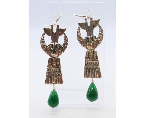 A pair of silver and jade Egyptian revival earrings. 7 cm high.