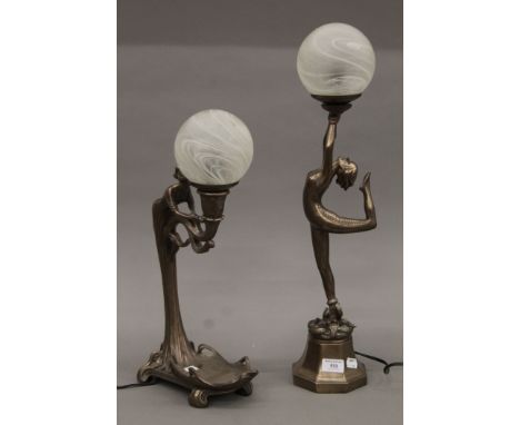 An Art Nouveau-style lamp and an Art Deco-style lamp, each formed as ladies. The former 48 cm high.