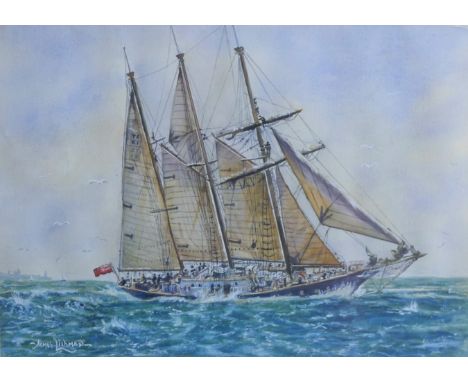 JAMES LISHMAN, 'Tall Ship - Winston Churchill', watercolour, framed and glazed. 53 x 38 cm.