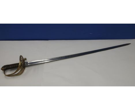 Victorian officers brass hilted sword with 32 1/2 inch straight single fullered blade with engraved detail including crowned 
