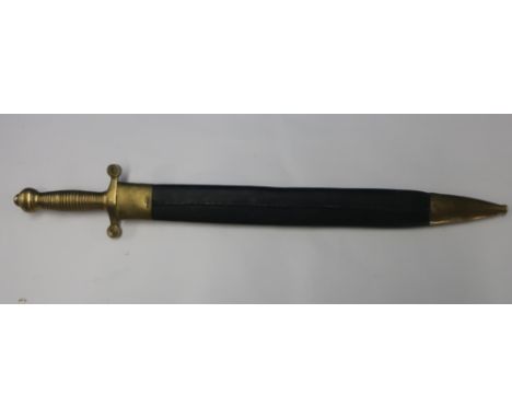 Mid 19th C brass hilted saw back sidearm, possibly Russian, with 19 1/4 inch blade with single fuller and stamped with variou