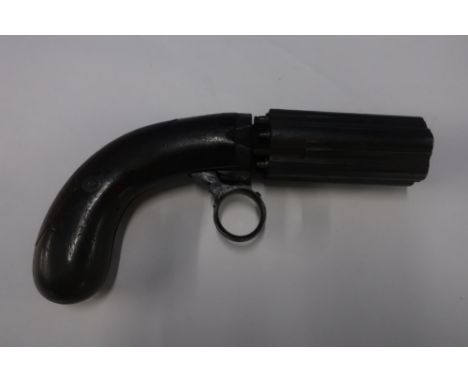 English percussion cap pepper box revolver, the action marked J R Cooper Patent 