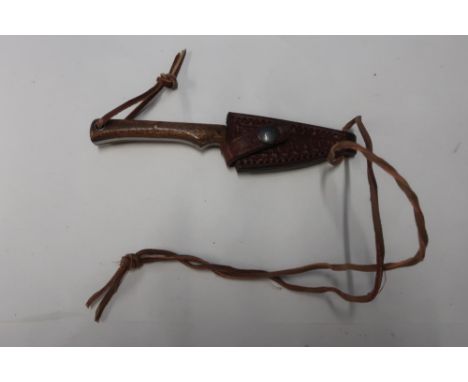 Ray Mears Wood Lore hunting knife with 2 1/4 inch blade with wooden slab handles, in leather sheath with lanyard 