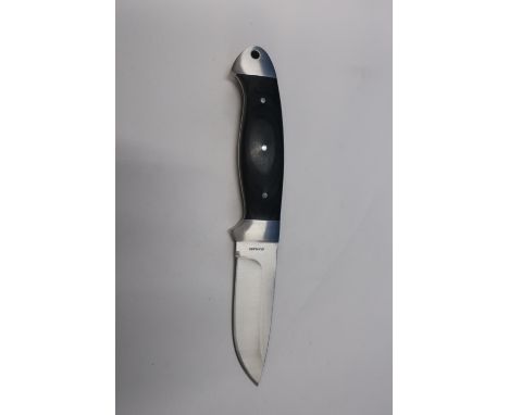 Boxed as new Whitby Knives hunting knife with 3 1/2 inch blade and leather black sheath 