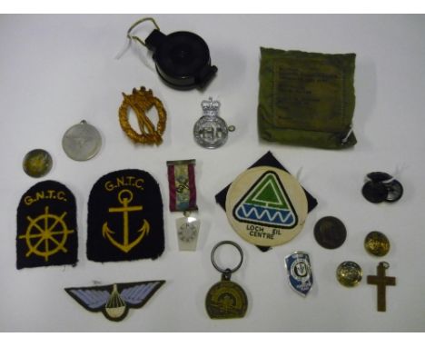 Military hydration system, various military cap badges, cloth badges, engineers directional compass, etc 