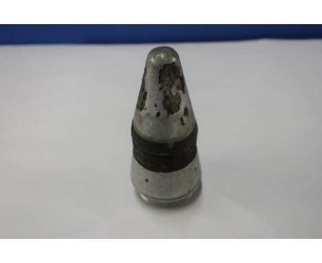 German aluminium artillery shell nose cone timer, stamped 52E with eagle above Swastika ZT.ZS/30 AZE 1942, the base stamped B