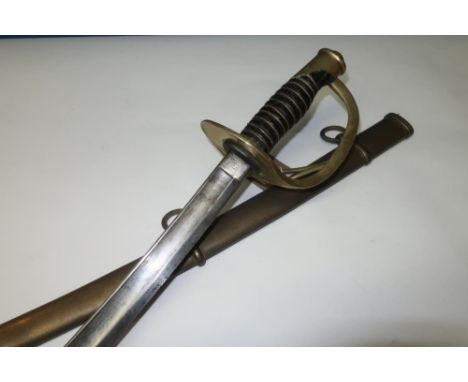 19th C American cavalry sabre with 35 1/2 inch curved single fullered blade stamped US 1862 Ames Mfg Chicope Mass with brass 