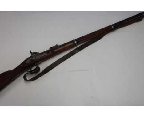 Percussion cap Tower musket with 38 inch three band barrel, complete with steel ramrod and rear adjustable ladder sights, the
