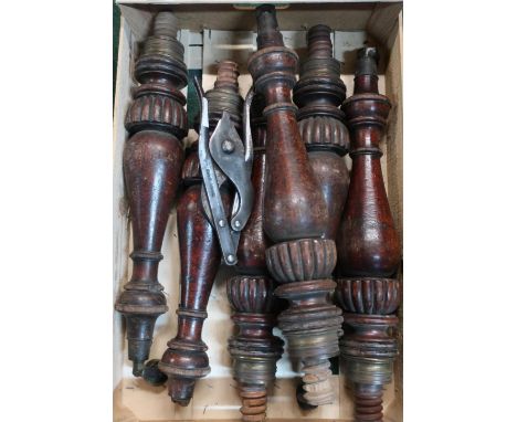 Six Victorian Campaign bed legs with brass end caps and coasters, and a pair of WWII folding wire cutters with broad arrow ma