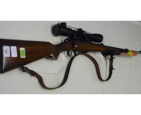 Brno Mod 2 .22 bolt action rifle with detachable magazine, sound moderator, leather rifle sling and fitted with Crossfire 3-9