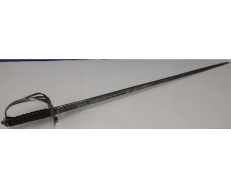 George V Light Infantry officers sword with 32 inch straight part single fullered blade with engraved detail including crowne