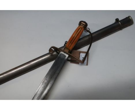 Late 18th C sword with 30 inch straight single fullered blade with brass knuckle bow and guard and swollen ribbed ivory grip 