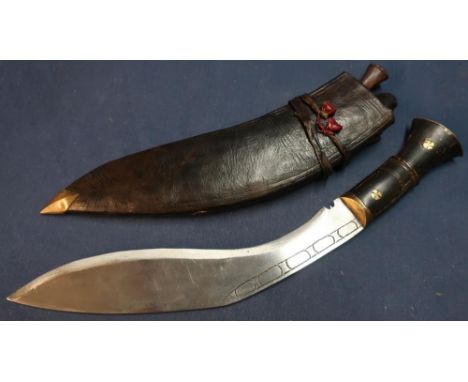 Nepalese Gurkha Kukri with buffalo horn hilt and brass inserts and pommel cap, complete with leather scabbard with brass chap