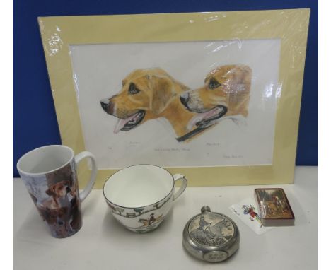 Collection of various hunting style memorabilia, including Crown Staffordshire hunting scene mug, framed limited edition Geor