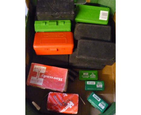 Thirteen ammunition boxes of various calibres .375 round ball bullets, .45 cal 500 GR round nose bullets and .45 cal round ba
