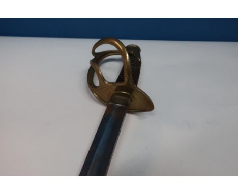 19th C cavalry type sword with 35 inch slightly curved blade with single broad fuller, the back strap stamped R &amp; C, with
