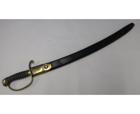 19th C brass hilted police type hanger with 24 inch curved blade engraved W. Parker Warranted, with single fuller and double 