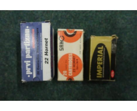 Fifty rounds of Pvi Partizan .22 Hornet rifle ammunition, ten rounds of Imperial .22 Hornet rifle ammunition and eighteen rou
