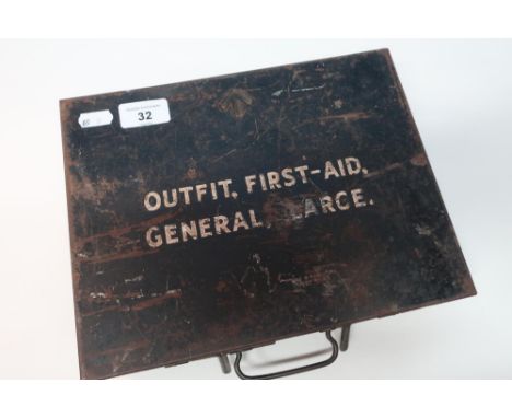 Military issue black japped metal First Aid box from the Army medical store, Form 84, the top marked "Outfit First-Aid, Gener