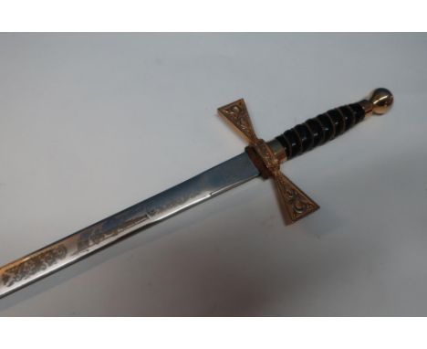 Wilkinson Sword Company commemorative sword for England with blade etched with jousting scenes, Windsor castle, knight in arm