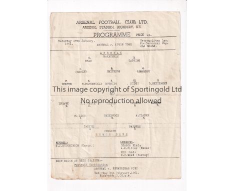ARSENAL    Single sheet programme for the home Met. League Prof. Cup tie v Luton Town 28/1/1961, folded and slightly worn    