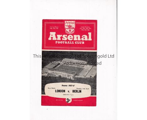 NEUTRAL AT ARSENAL      Programme for London Boys v Berlin Boys 15/4/1960, horizontal fold and team changes. England included