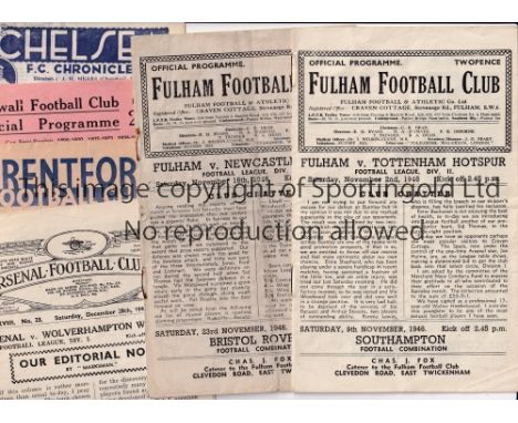 FOOTBALL PROGRAMMES 1946/7     Seven programmes, Fulham v Tottenham 2/11/1946 and Newcastle 16/11/1946 slightly worn, Arsenal