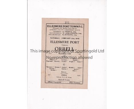 ELLESMERE PORT TOWN V ORRELL 1948     Programme for the Liverpool County Combination League match at Ellesmere Port 21/2/1948