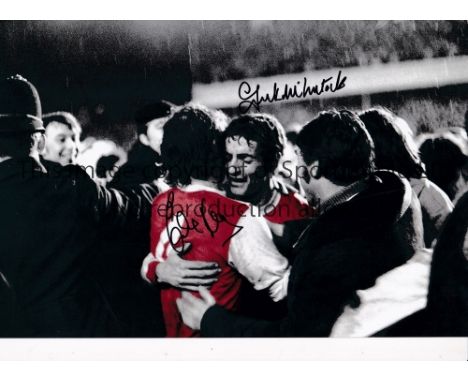 ARSENAL      Autographed 12 x 8 colorized photo of Frank McLintock and Eddie Kelly celebrating together following victory ove