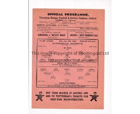 1945/6 FA CUP / TOTTENHAM HOTSPUR V BRENTFORD   Single sheet programme for the tie at Tottenham 5/1/1946, slightly creased.  