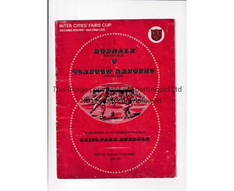 DUNDALK V GLASGOW RANGERS 1968    Programme for the Fairs Cup tie in Dundalk 13/11/1968, slightly creased.     Fair to genera
