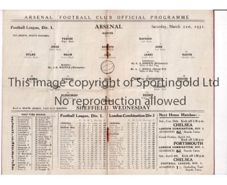 ARSENAL     Programme for the home League match v Sheffield Wednesday 21/3/1931, folded in four, in their first Championship 