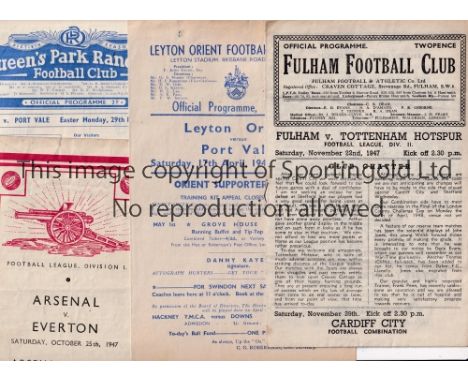 FOOTBALL PROGRAMMES 1947/8     Six programmes, Fulham v Tottenham and Southampton, scores entered, Leyton Orient v Port Vale,