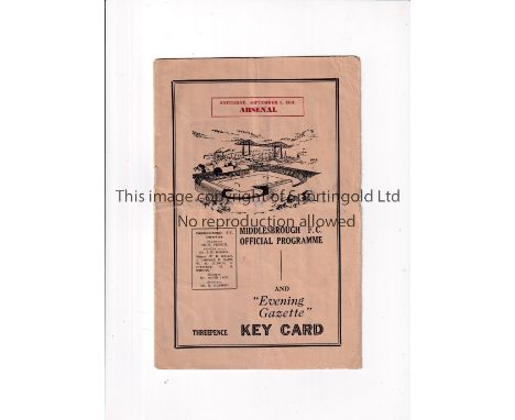  ARSENAL     Programme for the away League match v Middlesbrough 9/9/1950, folded and slightly worn.    Fair