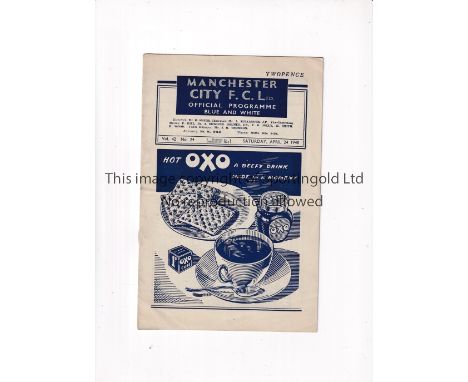 ARSENAL    Programme for the away League match v Manchester City 24/4/1948 in their Championship season.    Generally good