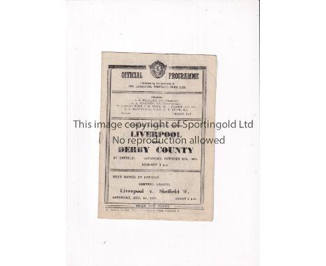 LIVERPOOL V DERBY COUNTY 1947     Programme for the League match at Liverpool 25/10/1947 issued with black print in respect o