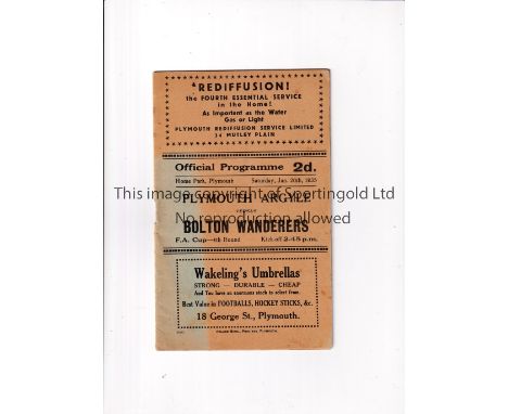 PLYMOUTH ARGYLE V BOLTON WANDERERS 1935 FA CUP    Programme for the tie at Plymouth 26/1/1935, front cover discoloured.      