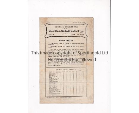 WEST HAM UNITED 1919-20 / FIRST LEAGUE SEASON      Programme number 1, for the first match at the Boleyn Ground as a League c