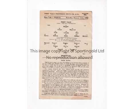 PORT VALE V BRIGHTON 1951     Single card programme for the league game at Vale Park 12/1/52.   Good