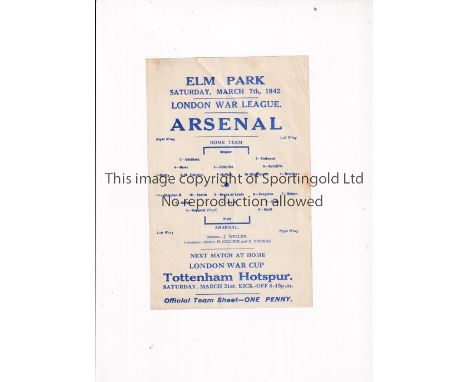 ARSENAL     Single sheet for the away London War League match v Reading 7/3/1942, slight horizontal crease.     Generally goo